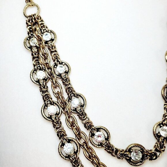 Antiqued Gold Tone Triple Strand Necklace Rhinestones Weighty Nautical Clasp 32" - Picture 4 of 7